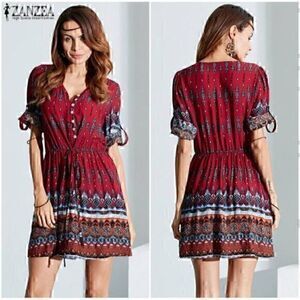 Zanzea  Vintage Ethnic Bohemian Summer Spring Beach  Button Up Mini Dress XXL